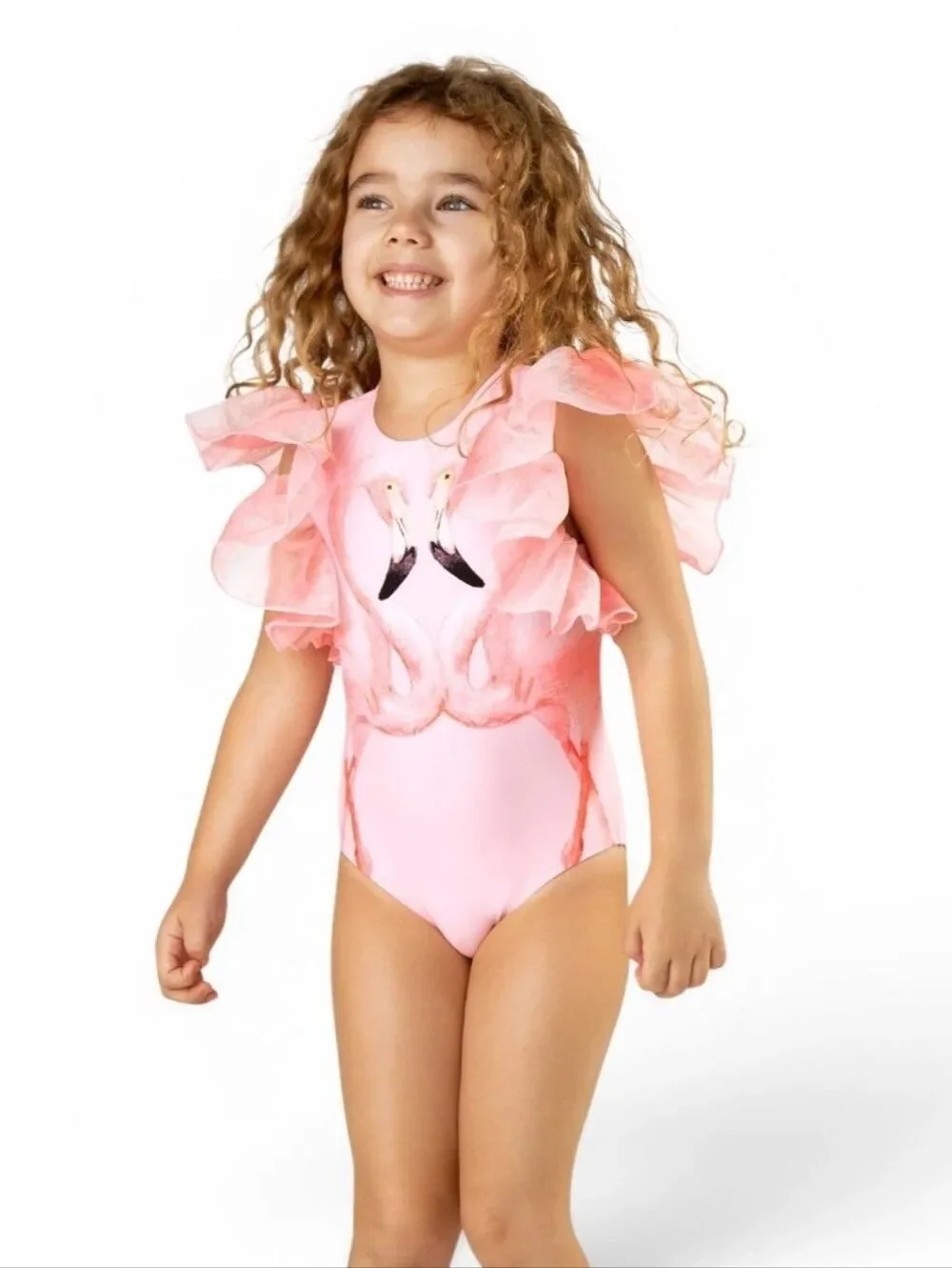 Shade Critters Pink Flamingo One Piece Swimsuit Tulle Ruffle Sleeve Girls 4T
